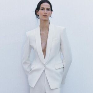 NWT Zara Woman ZW Collection Tuxedo Jacket Blazer White Ecru Size L Large